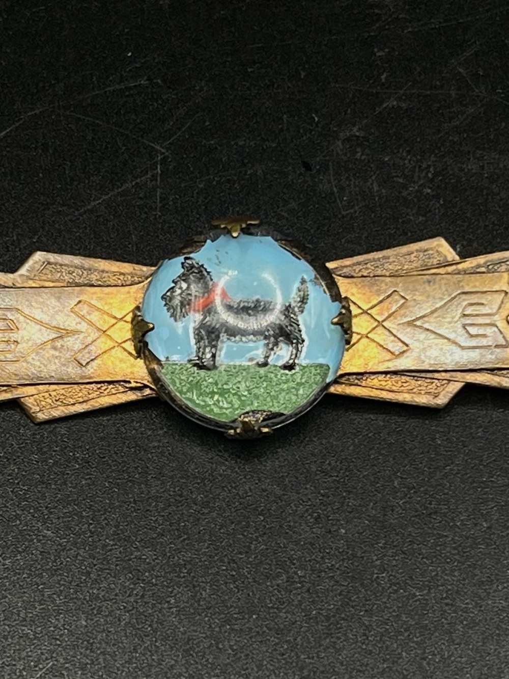 Art Deco Reverse Painted Copper & Glass Scottish Terrier Brooch